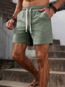 VENTUSAIL 男士纯色休闲亚麻混纺短裤 - 軍綠色 - 查看 3