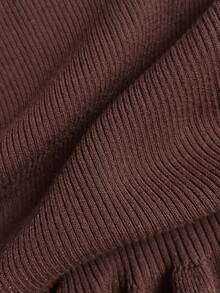 Elamini 女士时尚纯色罗纹V领短款毛衣连衣裙 - 棕色 - 查看 4