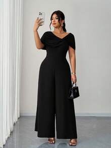 Elenzga 大码女式优雅浪漫休闲不对称领口修身直筒连体裤