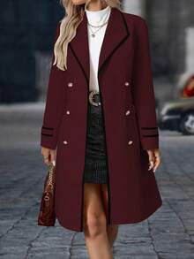 SHEIN Clasi Women's Casual Daily Oversized Lapel Contrast Trim Double-Breasted Wool Blend Coat, Autumn/Winter - Burgundy - View 5