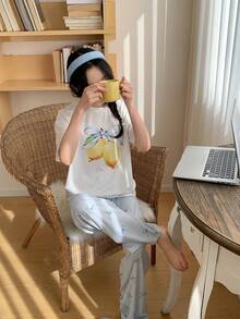 Damen Mode Allover-Muster Kurzarm Top und Hose Set, bequemer Gummibund, Schleife, gestreifter Allover-Muster, Loungewear - Blau-Weiß - Übersicht 3