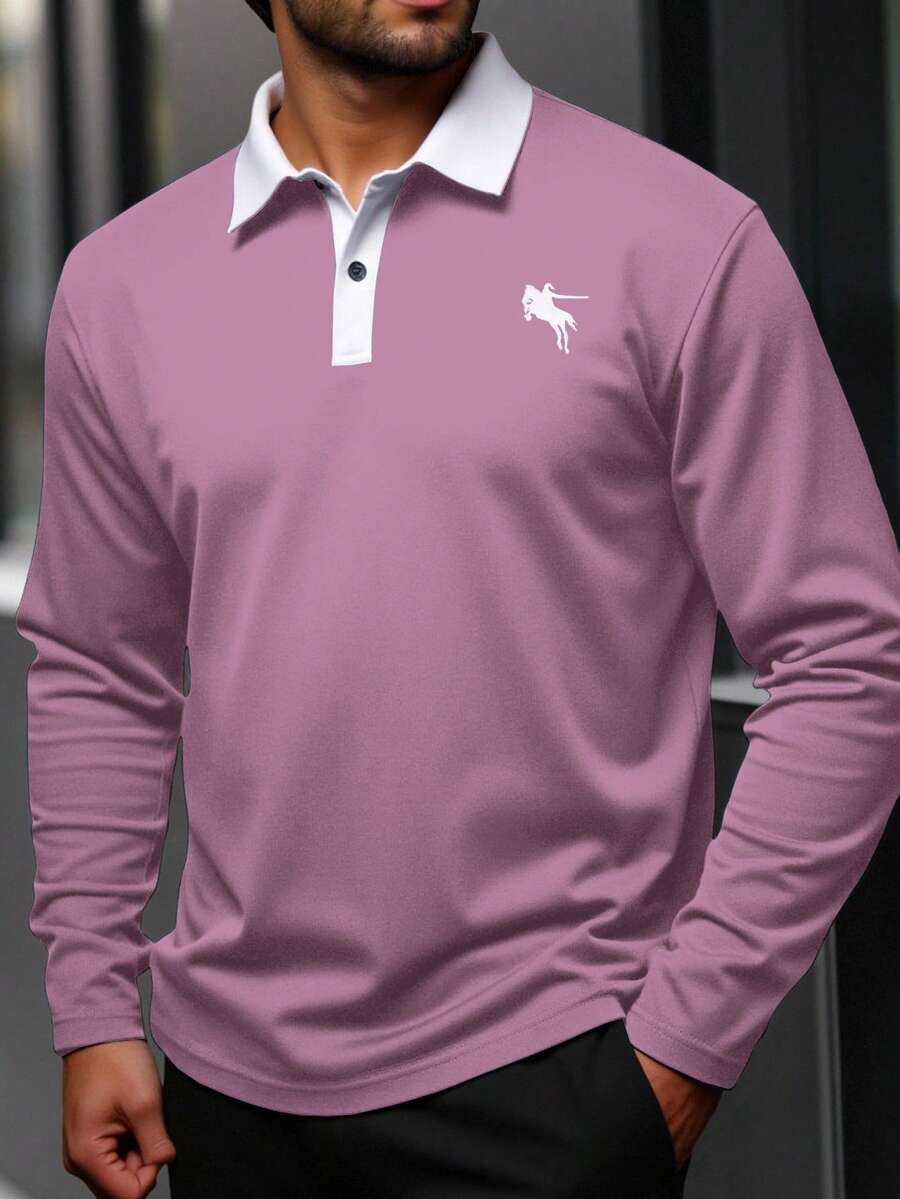 Manfinity Homme Kemeja Polo Lengan Panjang Kerah Kancing Kasual Pria Ukuran Besar - Purple - View 1