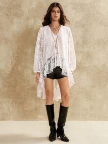 Florisole 女士时尚波西米亚风宽松前短后长蕾丝荷叶边下摆浪漫T恤，春秋季 - 白色 - 查看 3