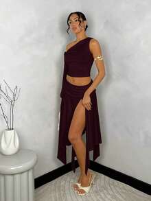 SHEIN BAE Váy tốt nghiệp màu trắng trơn dành cho nữ, áo cánh buộc vai bất đối xứng + chân váy xếp ly xẻ cao có viền bất đối xứng - Màu Tím - Xem 4