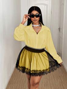 Maweii Plus Size Shirt & Mesh Skirt 2 Pieces Set - Yellow - View 3