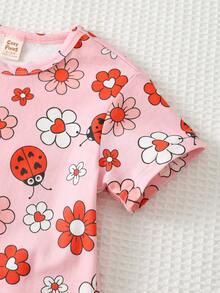 Cozy Pixies 2pcs Baby Girl Floral Knit Soft Pink Short Sleeve Top & Elastic Waist Pants Set,Cute Summer Cherry Flower Pattern 100 Cotton Family Matching Outfit - Pink - View 5