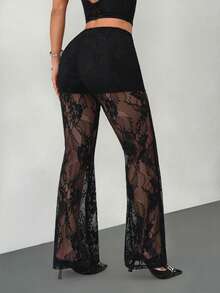 SHEIN PETITE Women's Y2k Sexy Western Wear Women Low Waist Lace Flared Leg Pants, Elegant & Fashionable - Black - View 2
