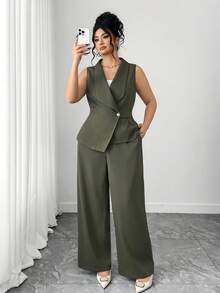 Elenzga Damen eleganter Blazer mit Kragen, V-Ausschnitt, Langarm, Gürtel und Knöpfen und gerade, weite Hose als Anzug-Set - Armeegrün - Übersicht 1