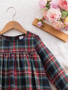 SHEIN Young Girls' French Elegant Plaid Patchwork Woven Fitted Long Sleeve Dress, Autumn/Winter,Christmas - Black - View 4