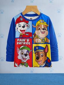 SHEIN | PAW Patrol Young Boy Casual Cartoon Dog & Letter Print Crew Neck Long Sleeve Knit T-Shirt, Spring/Autumn - Blue - View 1