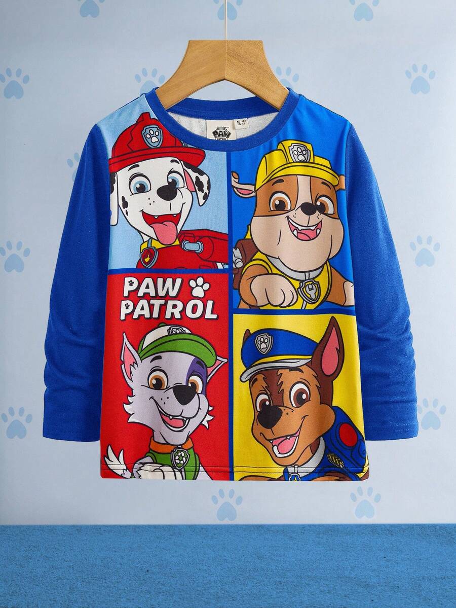 SHEIN | PAW Patrol Young Boy Casual Cartoon Dog & Letter Print Crew Neck Long Sleeve Knit T-Shirt, Spring/Autumn - Blue - View 1