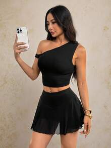 SHEIN PETITE 2 Pieces Women's Black Asymmetrical Neckline Pleated Top Paired With A Tight Ruffled Hem Skirt, Vacation Set, Autumn And Winter Wear, Inner Wear, Date Wear Black Skirt Set Short Two Piece Set Black Two Piece Short Skirt Set - Black - View 5