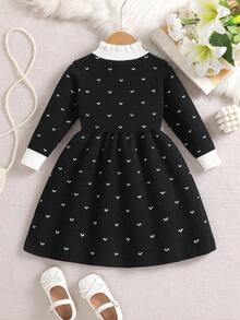 Sparklyn Váy Jacquard trái tim ngọt ngào, dễ thương, đa năng, thời trang thu đông cho bé gái, cổ nhún bèo, váy len dài tay cho lễ hội - màu đen - Xem 2