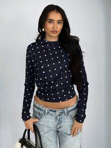 Glamine Simple Polka Dot Knit Long Sleeve Hollow Back Sweatshirt For Women, Daily Wear - Navy Blue - View 7