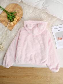 SHEIN Tween Girls' Casual Reversible Thermal Lined Thick Cute 3D Ear Hooded Short Teddy Jacket Coat, Autumn/Winter, Girl Plush Sweater, Hooded Pink Outerwear, Pink Plush Jacket, Girls Zip Up Hoodie, Tween Plush Jacket, Girls Sweater Jacket, Hooded Zipper Outerwear - Baby Pink - View 2