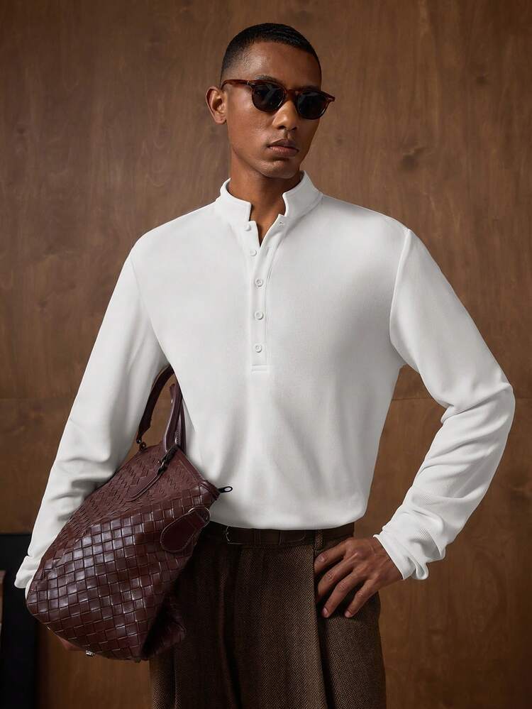 Chemise à manches longues décontractée à demi-boutonnage pour hommes, chemise d'église pour hommes, chemise à demi-boutonnage pour hommes, chemise sans col pour hommes, chemise col Mao pour hommes, chemise Henley à manches longues pour hommes, polo tricoté à manches longues pour hommes, tenue crème pour hommes, polo tricoté boutonné pour hommes
