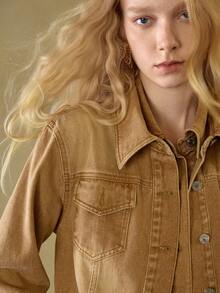 MOTF STUDIO WOMEN'S TURNDOWN COLLAR WASHED LONG SLEEVE DENIM JACKET, AUTUMN/WINTER - Yellow - View 3