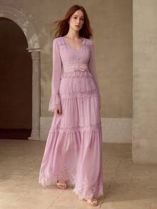MOTF PREMIUM WOMEN'S LACE PATCHWORK LONG DRESS, AUTUMN/WINTER - Violet Purple - View 7