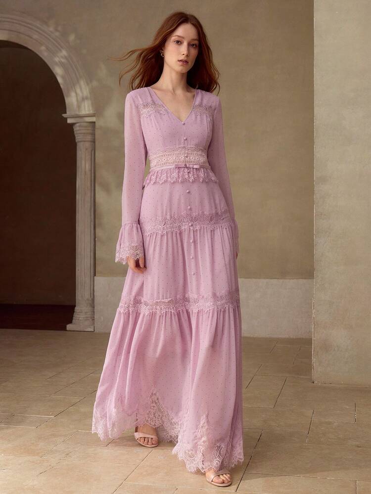 WOMEN'S LACE PATCHWORK LONG DRESS, AUTUMN/WINTER