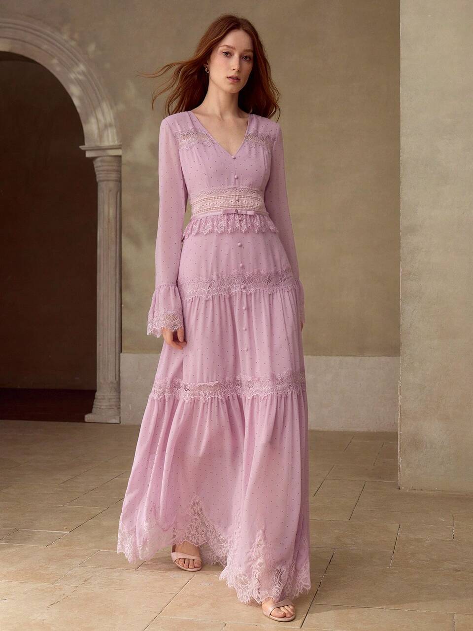 WOMEN'S LACE PATCHWORK LONG DRESS, AUTUMN/WINTER
