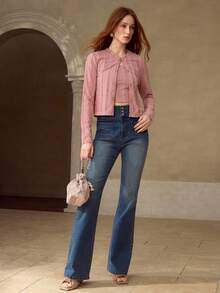 MOTF PREMIUM Conjunto de 2 piezas de camiseta sin mangas y chaqueta con textura de punto y decoración de mariposa para mujer, para otoño/invierno - Rosa - Ver 5