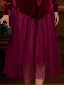 EMERY ROSE Vestido de mujer de terciopelo con contraste de malla en la cintura, elegante, de uso diario, de moda, estilo francés retro, versátil, para Navidad, Año Nuevo, negocios, de manga larga, color rojo vino, otoño/invierno - Burdeos - Ver 5