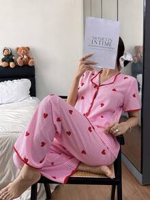 Dream Adore Ensemble de pyjama avec cardigan court à manches courtes, imprimé de cœurs rayés et froissé pour femmes