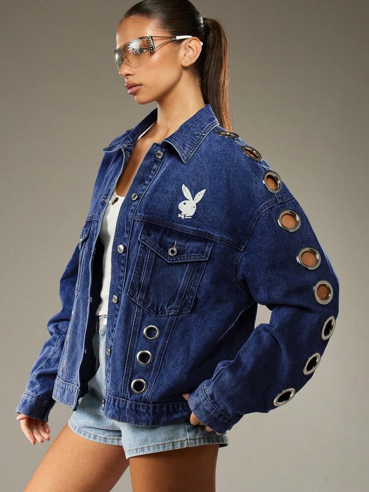 Missguided x Playboy Oversized Denim Jacket With Grommets Eyelet Detail Button Front Classic Blue Jean Outerwear Spring Fall Layering Piece