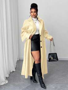 Maweii Plus Size Women's Plus Size Long Puff Sleeve Asymmetric Wool Blend Coat, High Waist, Fashion Winter Outerwear - Apricot - View 4