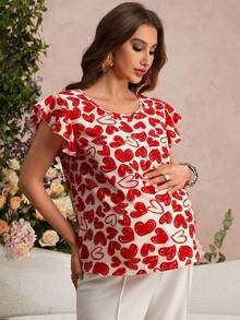 SHEIN Maternity Allover Heart Print Round Neck Cap Sleeve Blouse Valentine's Day Wedding Party Going Out Top Red Top - Red - View 5