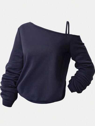 Girlism Teen Girls Casual Asymmetric Shoulder Strap Long Sleeve T-Shirt, Suitable For Summer, Casual, Sports, College