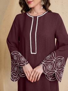 Al Najma 女士春夏圆领编织滚边刺绣喇叭袖阿拉伯风格连衣裙，阿拉伯连衣裙 - 酒紅色 - 查看 4