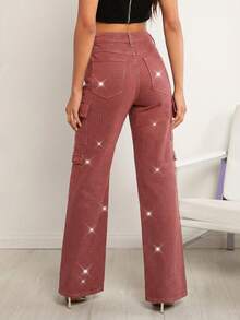 Denimoi 秋冬季女装，女士中腰黑色水钻装饰多口袋直筒休闲工装牛仔裤。适合日常穿着、外出、音乐会、节日、派对、夜店、圣诞节等场合。 - 紅色 - 查看 2