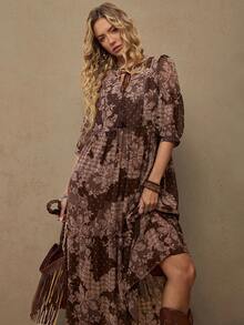 Freevana 波西米亚风佩斯利印花雪纺连衣裙，度假必备波西米亚风单品 - 咖啡棕 - 查看 6