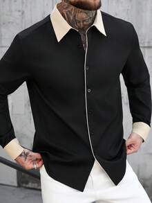 Manfinity CasualCool 男士休闲商务衬衫，撞色拼接领口和前襟纽扣 - 彩色 - 查看 5