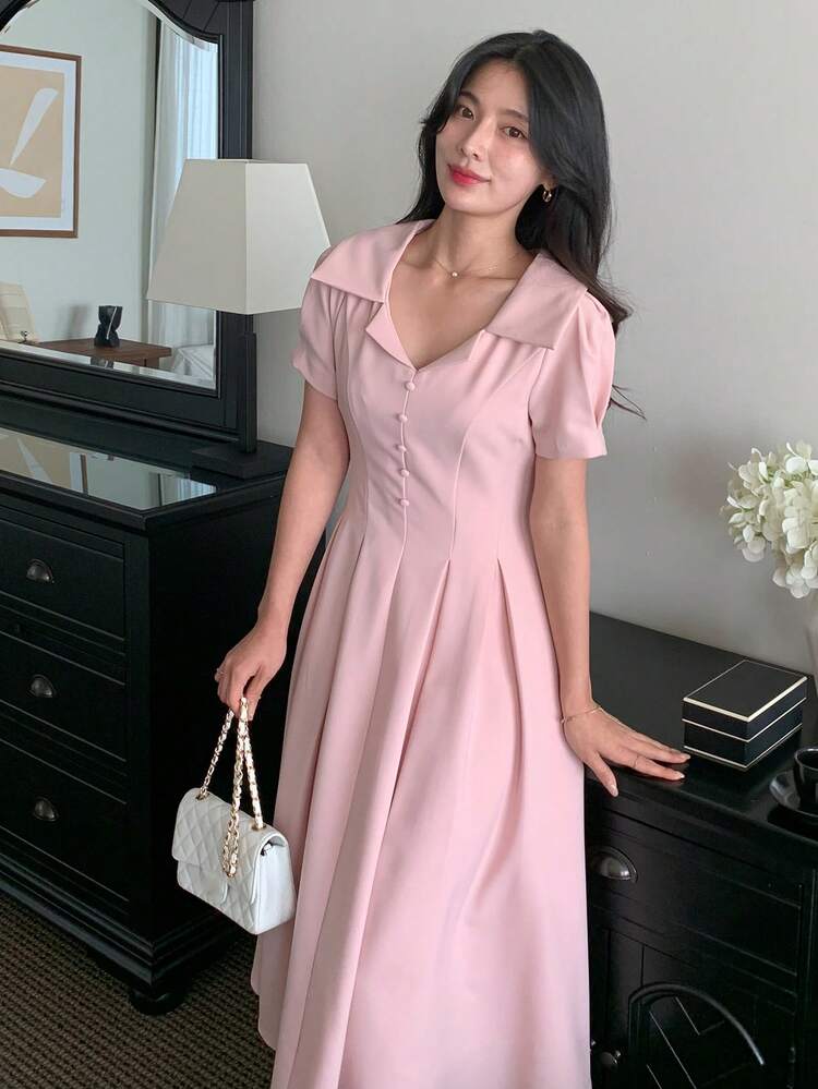 Women's Collared Waist Cinched Midi Dress Summer Sundress