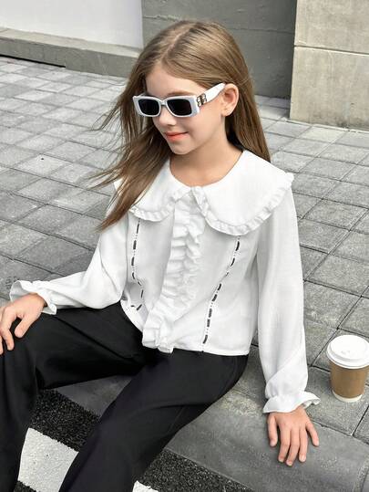 1-delad blus för tweenflicka | Söt långärmad skjorta med volang och Peter Pan-krage | Lätt, texturerat tyg med kontrastsömmar och omfattande manschetter | Charmigt vardagsplagg perfekt för dagliga utflykter, fester och skola på vår och höst