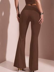 SHEIN BAE Quần ống loe vuông đính đá xếp ly thanh lịch dành cho nữ, phù hợp đi làm, đi chơi, dự tiệc, màu trơn tối giản - màu nâu - Xem 2