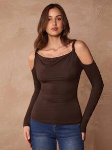 Enchnt Women's Elegant Dark Brown Autumn Top,Seksi Chic Hollow Out Fitted Long Sleeve,Spring Fashionable Clothes For Date,Daily Commute& - Coffee Brown - View 4