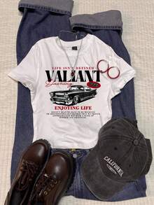 Attitoon 复古风格汽车图案印花修身圆领短袖T恤，女款，适合夏季穿着，风格包括复古、性感、可爱、Y2K、椰子女孩、波西米亚风、嬉皮风和音乐节。 - 白色 - 查看 3