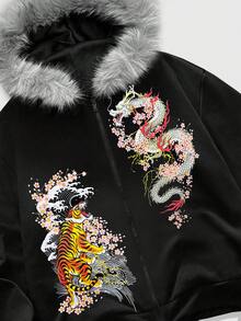 ROMWE MEN Goth 男士中国龙虎印花拉链连帽卫衣，带毛领 - 黑色 - 查看 4