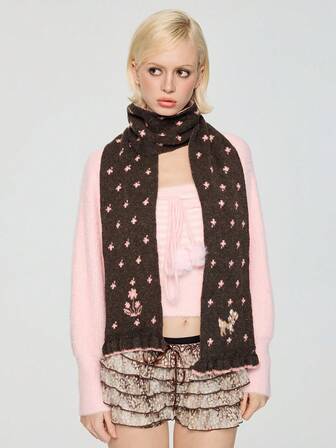 Kawaii 1 pieza Bufanda de mujer con patrón floral vintage, de estilo minimalista, en color gris-rosa, con un diseño adorable de ciervo, adecuada para la escuela, el transporte, las compras y talla grande