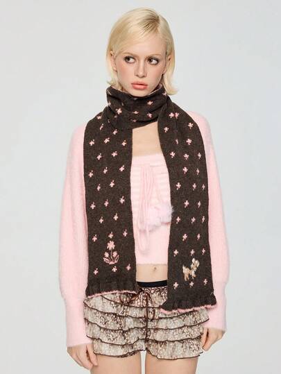 Kawaii 1 pieza Bufanda de mujer con patrón floral vintage, de estilo minimalista, en color gris-rosa, con un diseño adorable de ciervo, adecuada para la escuela, el transporte, las compras y talla grande