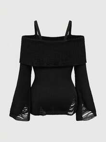 ROMWE Goth Plus Size Women's Off Shoulder Distressed Design Fitted Ribbed Knit Tank Top, Punk Style, Halloween