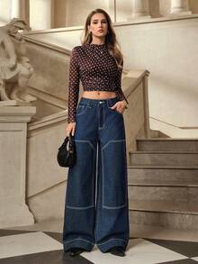 Selenza 女士休闲百搭口袋交叉设计阔腿牛仔裤 - 深色水洗藍 - 查看 6