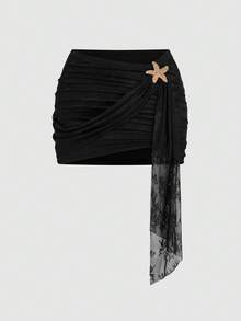 Sweetra 加大码黑色蕾丝星星海星装饰沙滩度假旅行飘逸收腰修身半身裙 - 黑色 - 查看 1