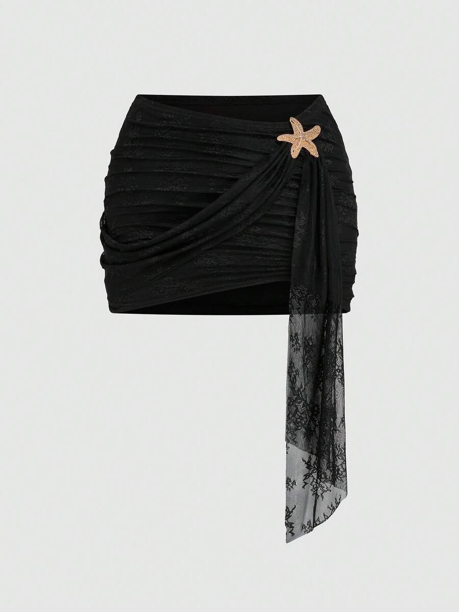 Sweetra 加大码黑色蕾丝星星海星装饰沙滩度假旅行飘逸收腰修身半身裙 - 黑色 - 查看 1