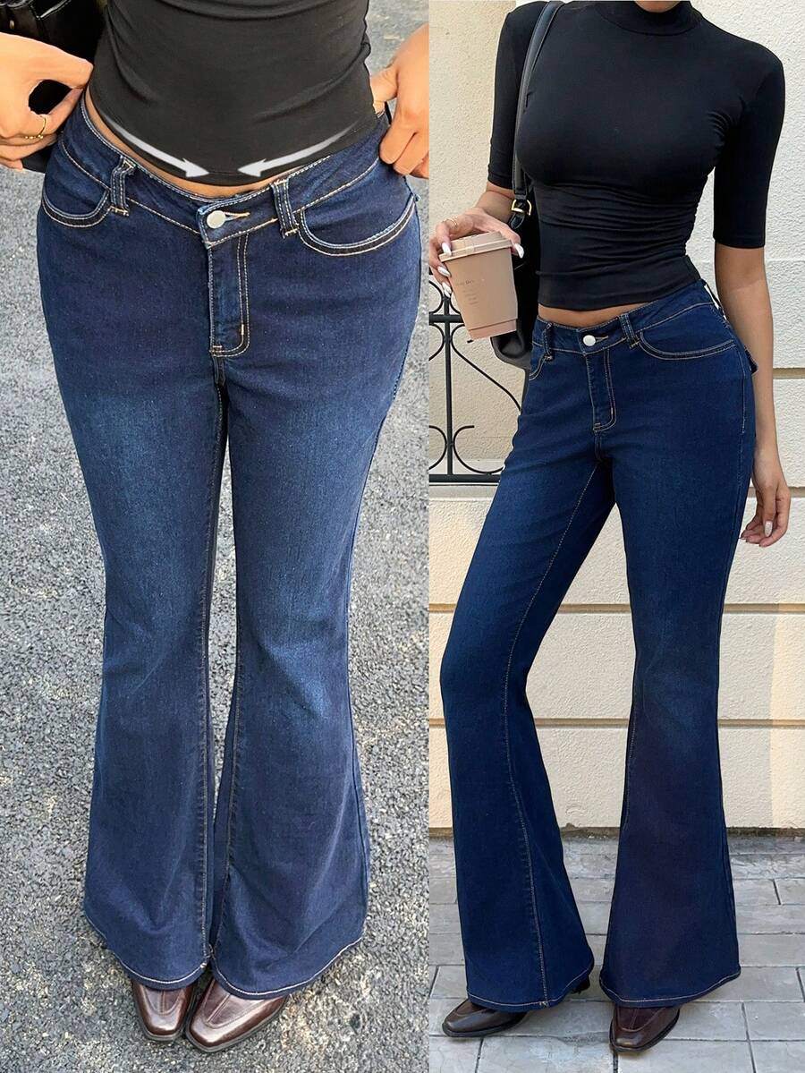 MainGRL Low-Rise 2025 Winter New Slimming Flared Jeans Retro Denim Hot Girl's Leg-Lengthening And Slimming Flared Pants - Dark Wash - View 1