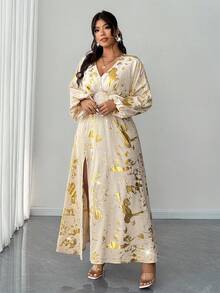 Elenzga Plus Size Elegant Gold Foil V-Neck Split Hem Maxi Dress,Beige Autumn Long Sleeve Silk Floral Wrap Caftan For Wedding,Curve Resort Wear Summer Dresses - Apricot - View 7