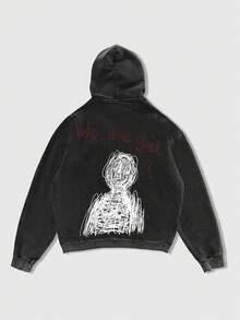 ROMWE MEN Street Life Sudadera con capucha con cremallera y lavado ácido con eslogan para hombre - Negro - Ver 3